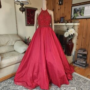 Elegant Red Beaded Halter Ball Gown Dress